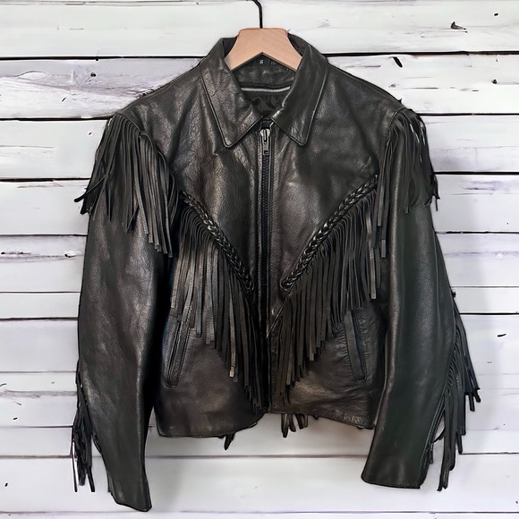 Wilsons Leather Jackets & Blazers - Vintage Wilsons Leather Fringe Tassel Braid Moto Jacket Heavy Zip Black Small